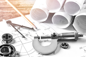 Technical drawings with measure tools. Pencil, measurement. Papers with technical drawings and...