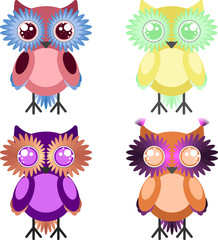 Owls in four versions with expressive eyes and bright plumage isolated on white background