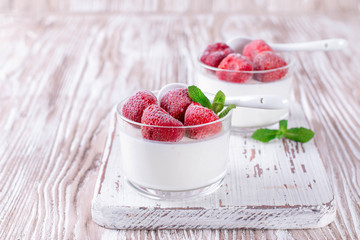Cottage cheese dessert with frozen strawberries