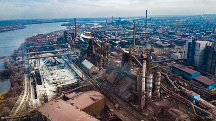 metallurgical production plant full cycle smoke from pipes bad ecology aerial photography