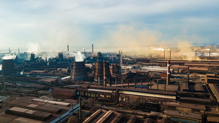 metallurgical production plant full cycle smoke from pipes bad ecology aerial photography