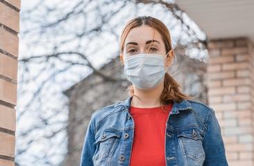  Virus concept. Girl in mask, risk for health, pneumonia, epidemic