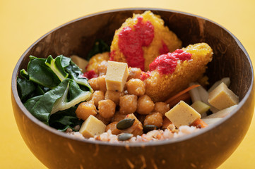 Hearty vegan meal served in buddha bowl