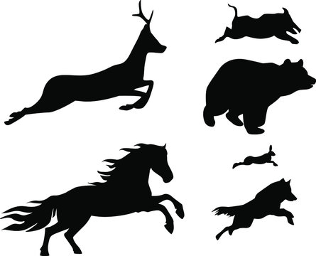 Vector image of silhouettes of running animals of the European type.