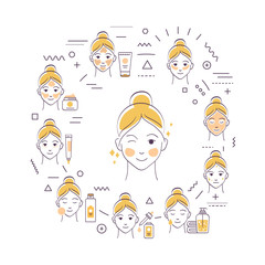 Facial procedures web banner. Female skin care. Cleansing, toning, moisturizing. Infographics with linear icons on beige background. Creative idea concept