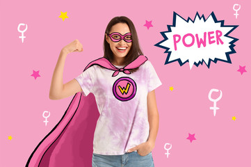 Woman in superhero costume on color background. Concept of feminism