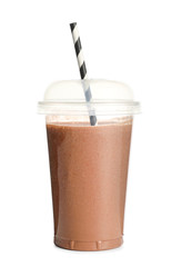 Cup of tasty milkshake on white background