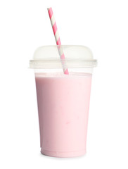 Cup of tasty milkshake on white background