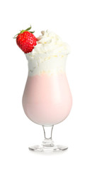 Glass of tasty milkshake on white background
