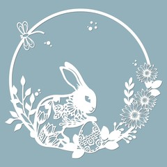 rabbit, hare in a round frame, with patterns, flowers, butterflies. Template for laser, plotter cutting, and screen printing. The pattern for the mirrors and panela.