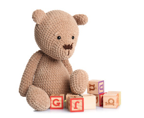Teddy bear with wooden cubes on white background