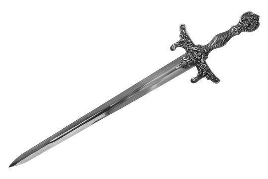 Sword disposed by diagonal, isolated on white background. Cut out.