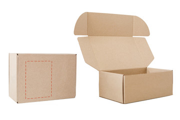Carton packaging box. Brown delivery set of different sized packages with postal signs. Set of closed and open cardboard boxes on white background.