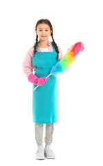 Little housewife with dust brush on white background
