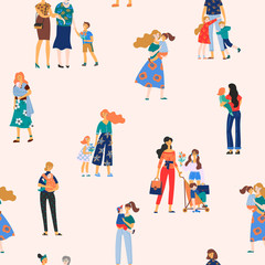 Happy Mothers Day. Vector seamless pattern with women and children