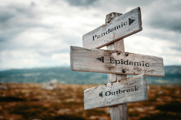 Pandemic, epidemic and outbreak text on wooden signpost outdoors in nature with autumn colors. To illustrate sickness, covid-19 and corona virus problems in the world.