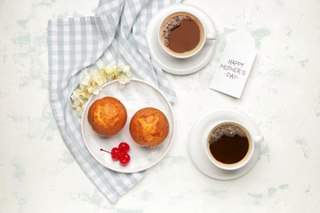 Tasty breakfast for mother on white background