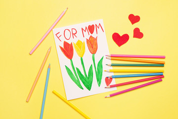 Greeting card for Mother's Day on color background