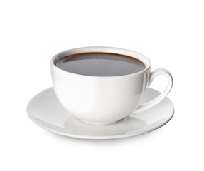 Cup of hot cocoa drink on white background