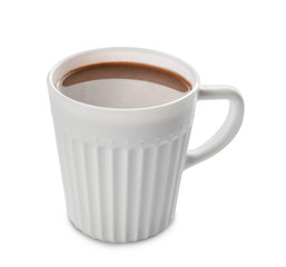 Cup of hot cocoa drink on white background