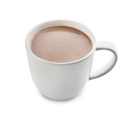 Cup of hot cocoa drink on white background