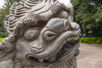 Closeup of face of Chinese mythological lion in Seven Star Park, Guilin, China.
