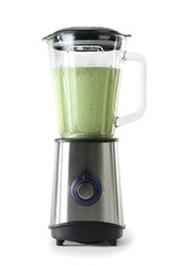 Blender with healthy smoothie on white background