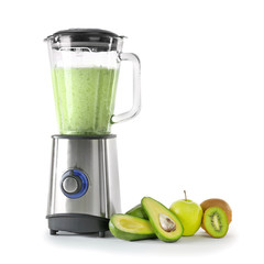 Blender with ingredients for healthy smoothie on white background