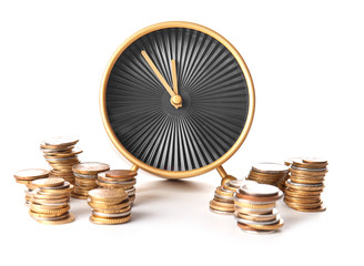 Clock and coins on white background. Time management concept