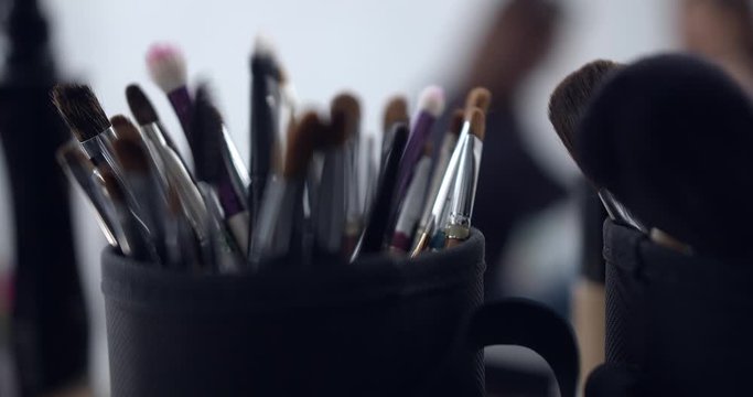 panorama of many brushes of a professional makeup artist
