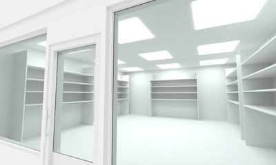 Storefront facade with empty shelves 3d render illustration