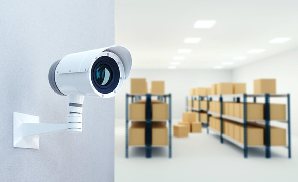 CCTV Camera In Warehouse. Storage Room. 3d Render Illustration.