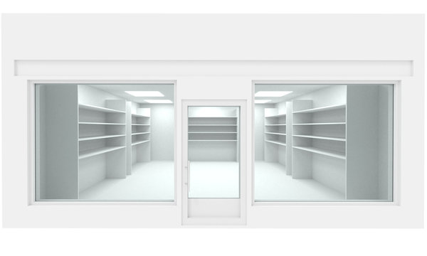 White storefront blank showcases. Empty new shop facade interior, clean signboard copy space, mock up design store interior, 3d render.