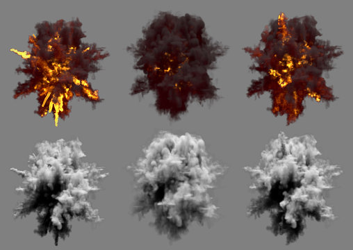 6 round explosions of missile interception blast or antiaircraft gun shell hit or view from top on bang isolated on grey - 3D illustration of object