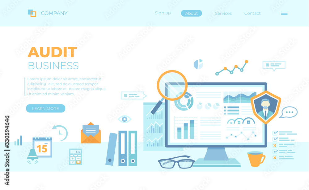 Poster auditing, analysis, accounting, calculation, analytics. auditor checks the documents. graphs, charts