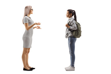 Female student and a blond woman having a conversation