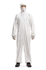 Man in a white hazmat suit and mask
