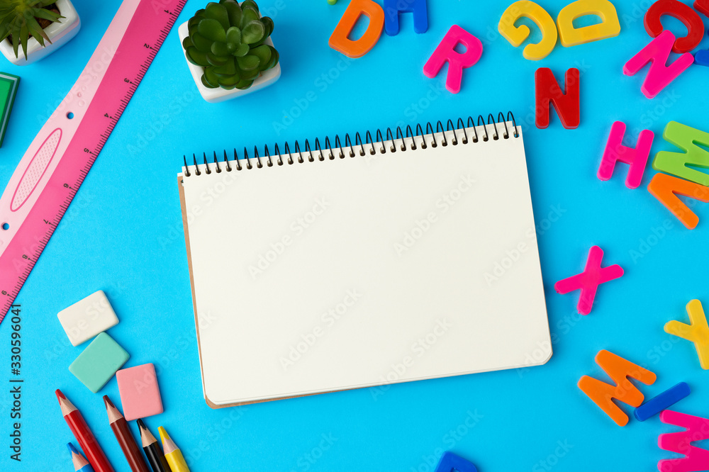 Poster open notebook in the middle with blank white sheets