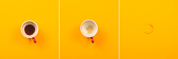 Collage of their three photos with a full, empty cup of coffee and a coffee stain on a yellow background. Top view. flat lay.