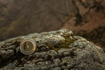 compass on a stone covered with moss