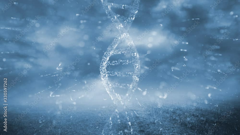 Poster dna structure rotation on artistic rural field with clouds time lapse background.