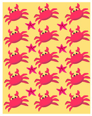 Vector pattern red crabs on a sandy background with starfish, sea, summer, beach season. Pattern for design flyer, invitation, interior, poster.