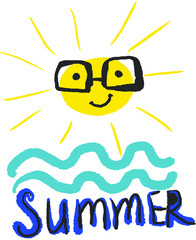 Vector sticker or / and stamp with the sun in glasses and waves and the inscription 