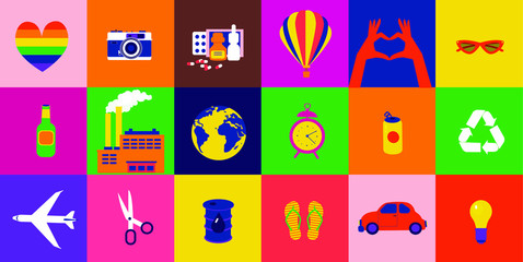 Abstract contemporary modern trendy vector illustration. The pattern consists of bright squares and primitive icons. 