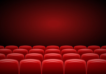 Cinema hall mock up with red seats, showtime, poster design, vector illustration.