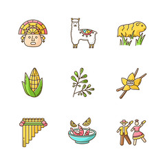 Peru RGB color icons set. Hispanic history, agriculture, livestock, traditions, culture, cuisine. Incas, alpaca, guinea pig, corn, coca, vanilla, ceviche, marinera. Isolated vector illustrations © bsd studio