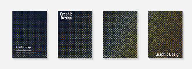 Fototapeta na wymiar Vector halftone cover design templates. Layout set for covers of books, albums, notebooks, reports, magazines. Dot halftone gradient effect, modern abstract design. Geometric mock-up texture.