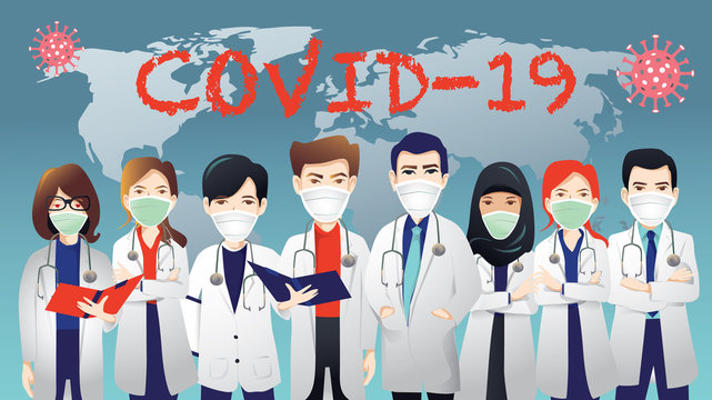 Many doctors from around the world Working together to find a way to eliminate the corona virus or covid19, protective mask,