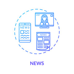 News concept icon. Mass media, public press, journalism idea thin line illustration. TV broadcasting, newspaper and online resources. Vector isolated outline RGB color drawing