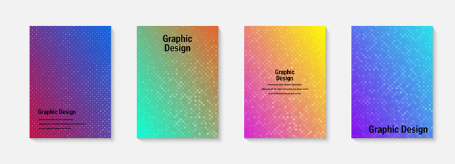 Vector halftone cover design templates. Layout set for covers of books, albums, notebooks, reports, magazines. Dot halftone gradient effect, modern abstract design. Geometric mock-up texture.